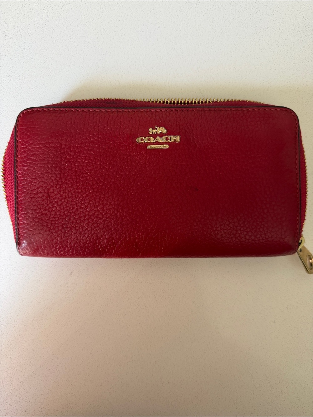 Coach Red Pebbled Leather Zip-Around Wallet with Gold Logo